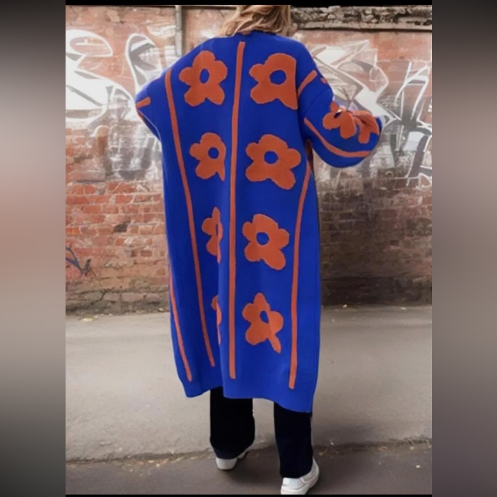 0040. Floral Blue and Orange Maxi Cardigan Sweater